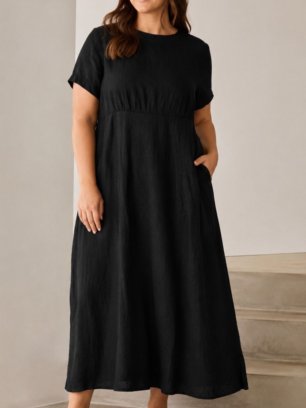 DISSH Short Sleeve Black Linen Maxi Dress Sz. 14